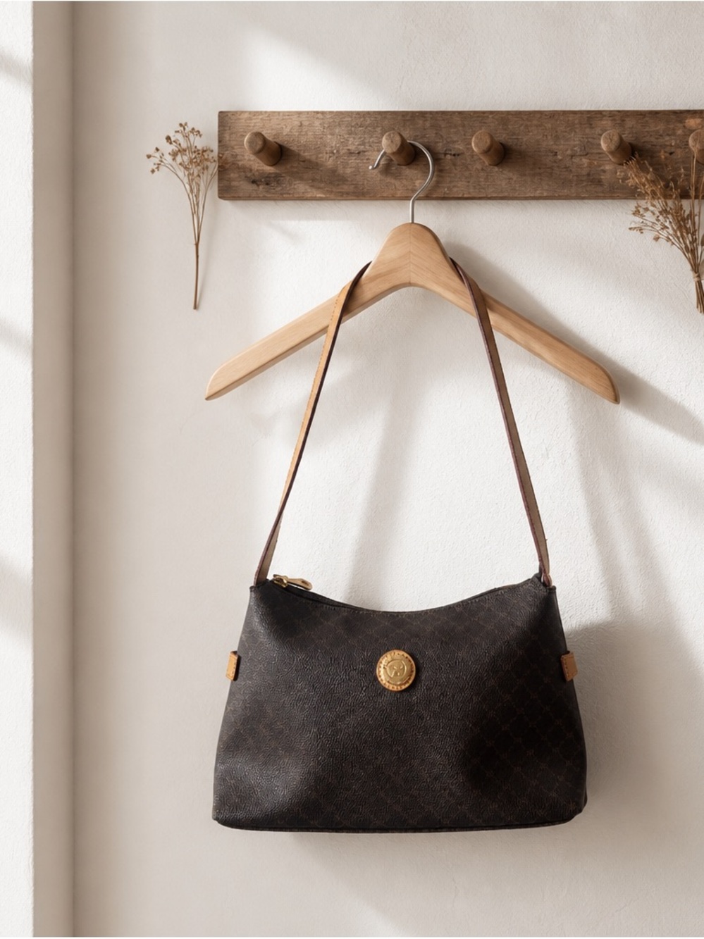 Rioni Signature Brown Top Zip Shoulder Bag Handbag Canvas Leather Trim ST-20178